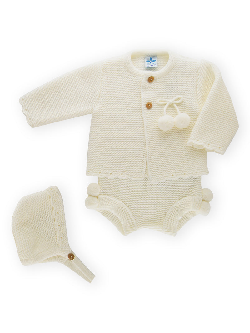 Sardon Unisex Cream Knitted Jacket, Jamp Pants and Bonet