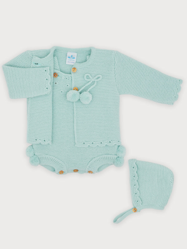 Mint 3-piece knit romper set with top and matching bonnet, button front