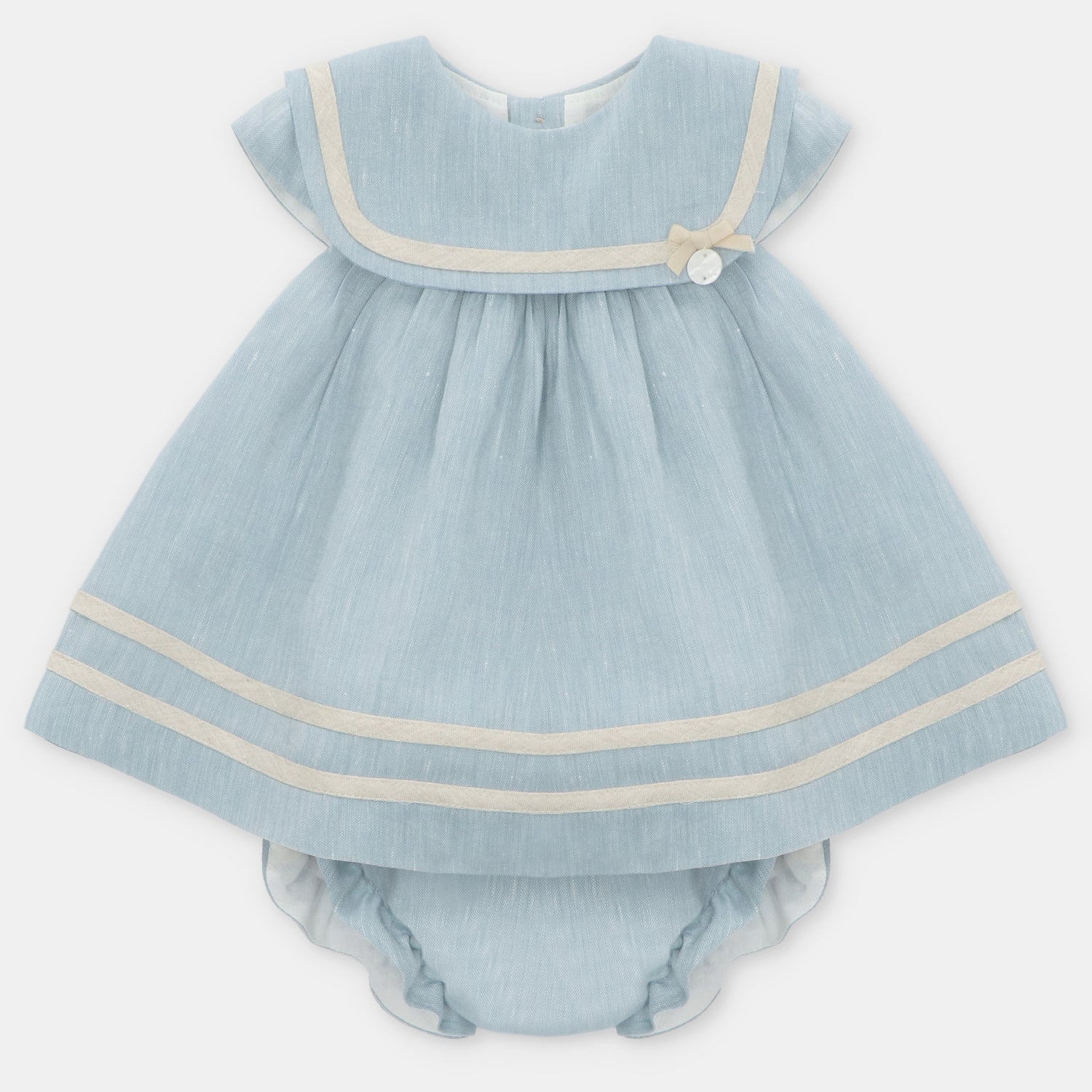 Blue tailored girls dress with cream trim and button front, short sleeves