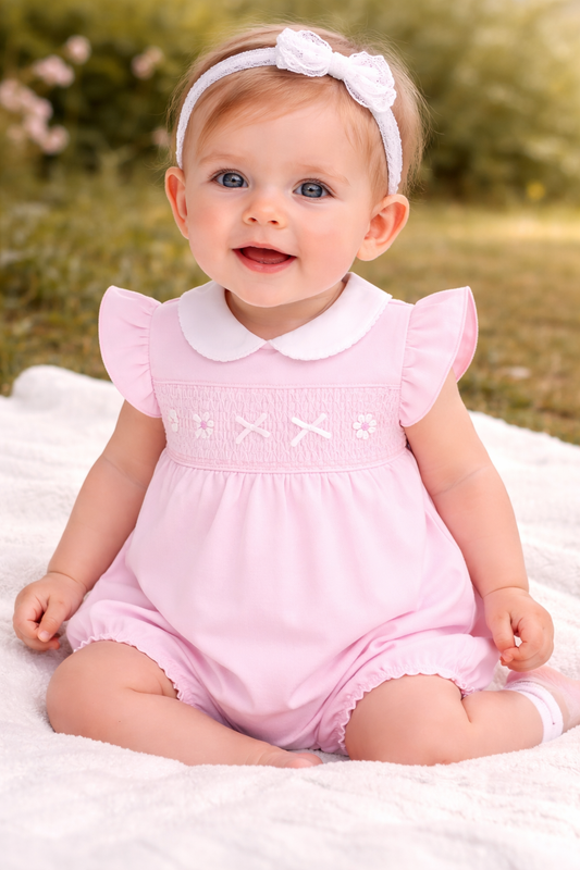 Amore Baby Girls Pink Smocked Romper with Peter Pan Collar