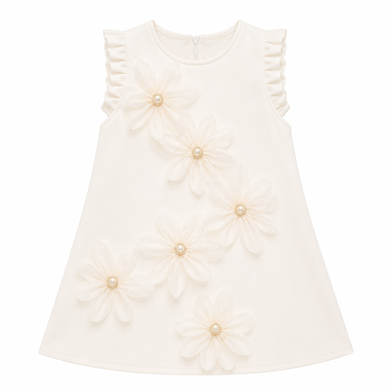 Ivory sleeveless occasion dress with ruffled shoulders and floral appliqués
