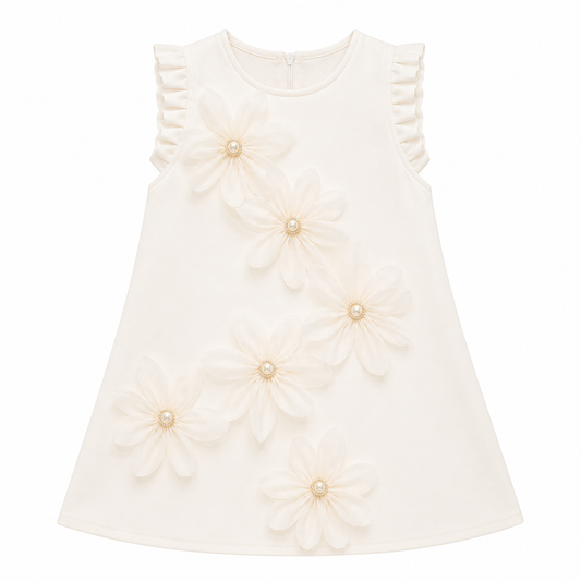 Ivory sleeveless occasion dress with floral appliqué clusters and ruffled sleeves