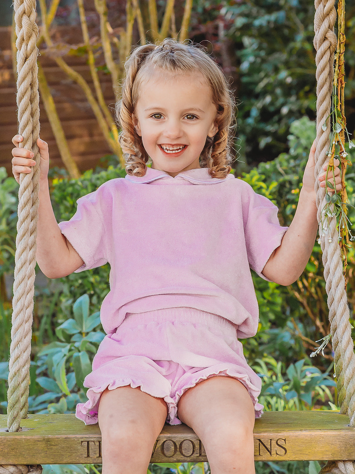 Lilac towelling short set, ruffled collar and cuffs, with matching shorts
