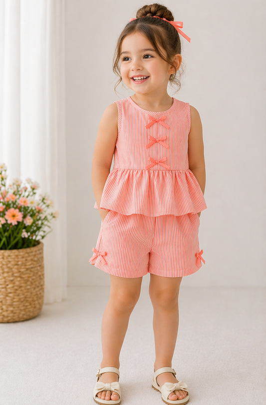 Girls peach striped peplum top & shorts set with bow detail, sleeveless