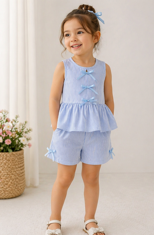 Girls blue striped peplum top and shorts set with bow detail, sleeveless