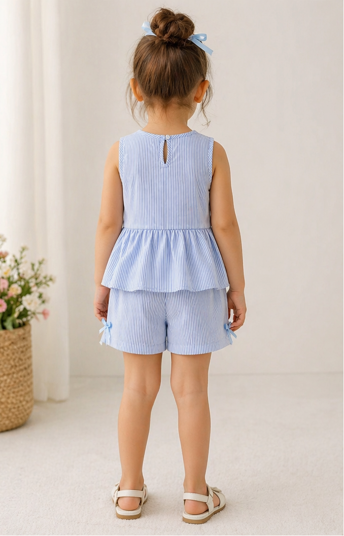 Girls blue striped peplum top and shorts set, keyhole back with bow