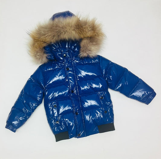 Blue Winter bomber Coat fur hood