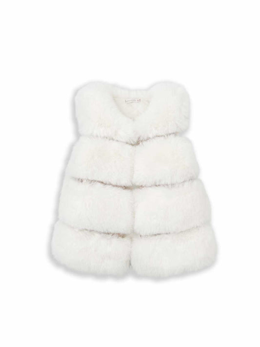 Ivory faux fur gillet vest with rounded neckline and layered stripe body