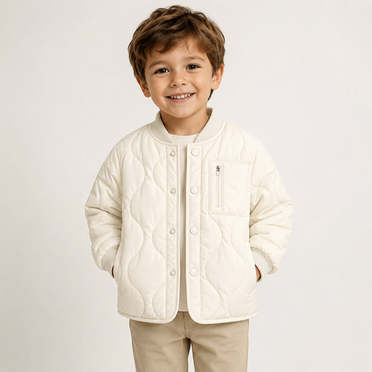 Boys cream quilted lightweight jacket, snap-front, stand collar, ages 2–6