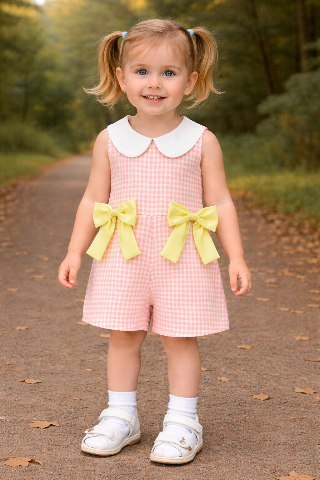 Young girl in a pink checkered dress with yellow bows standing on a path in a natural setting.