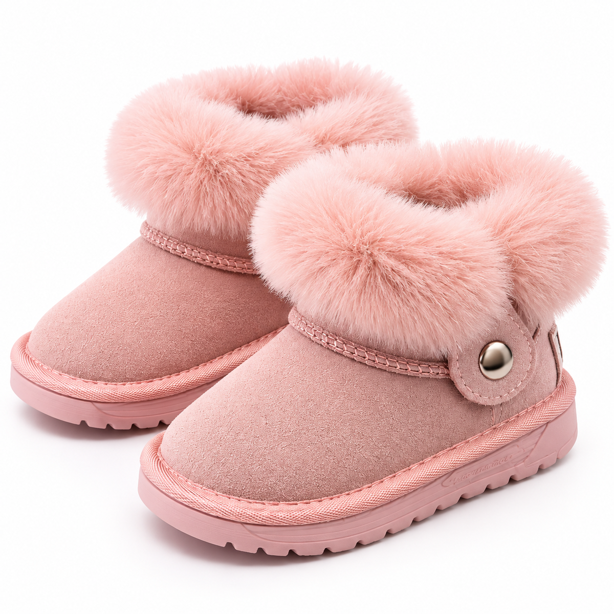 Girls pink faux-fur ankle boots with double bow cuffs and side button