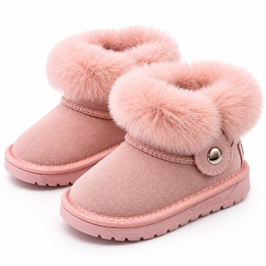 Girls pink faux-fur ankle boots with double bow cuffs and side button