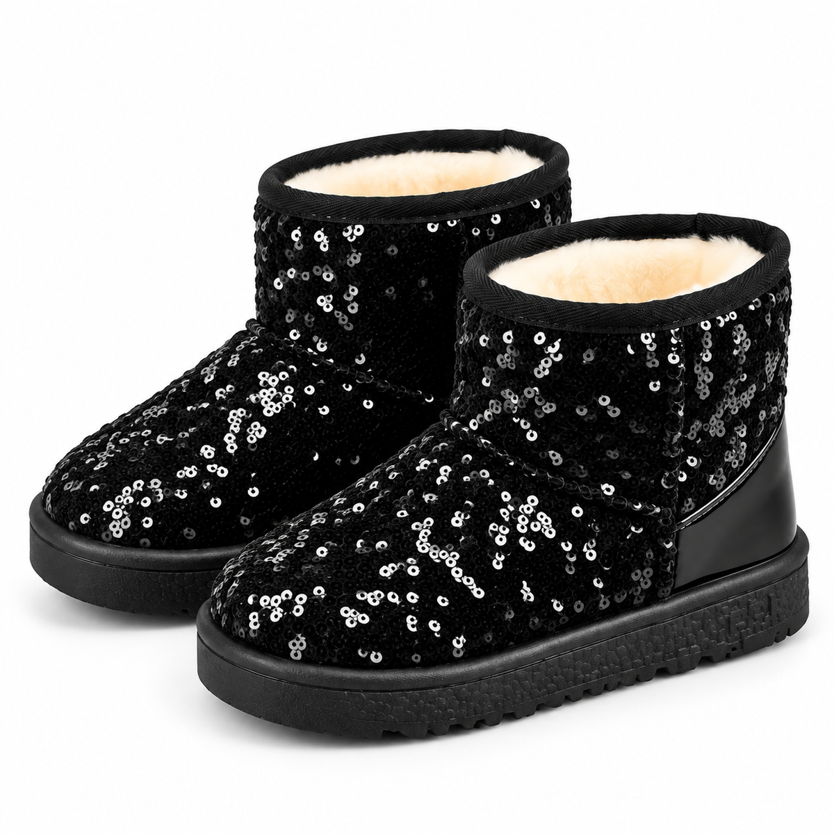 Girls black sequin fur-lined ankle boots with fuzzy cream lining