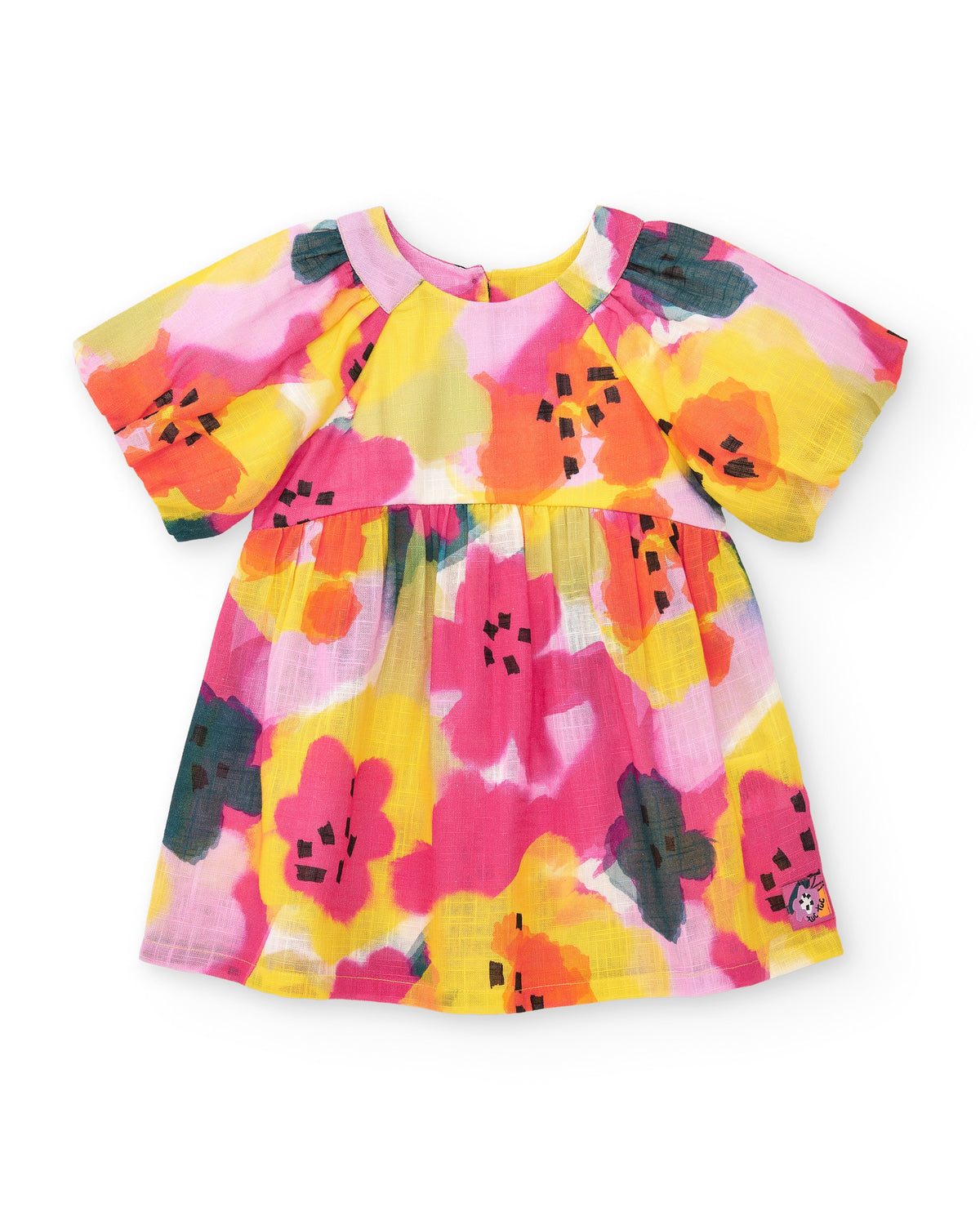 Floral dress pink with colorful flower print, short sleeves, round neckline