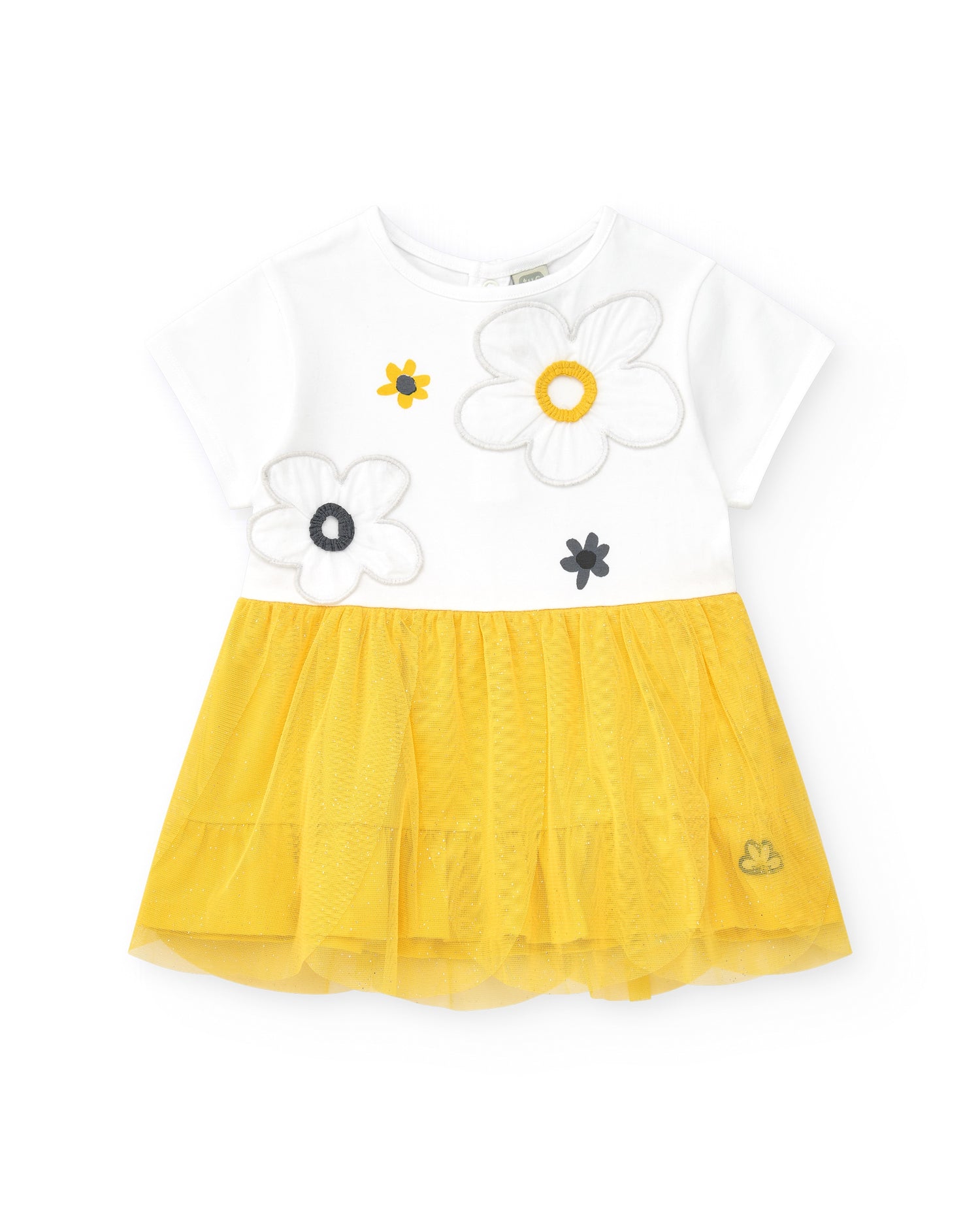 Tuc Tuc Daisy Dress: weißes Oberteil mit gelbem und schwarzem Blumenmotiv, gelber Tüllrock