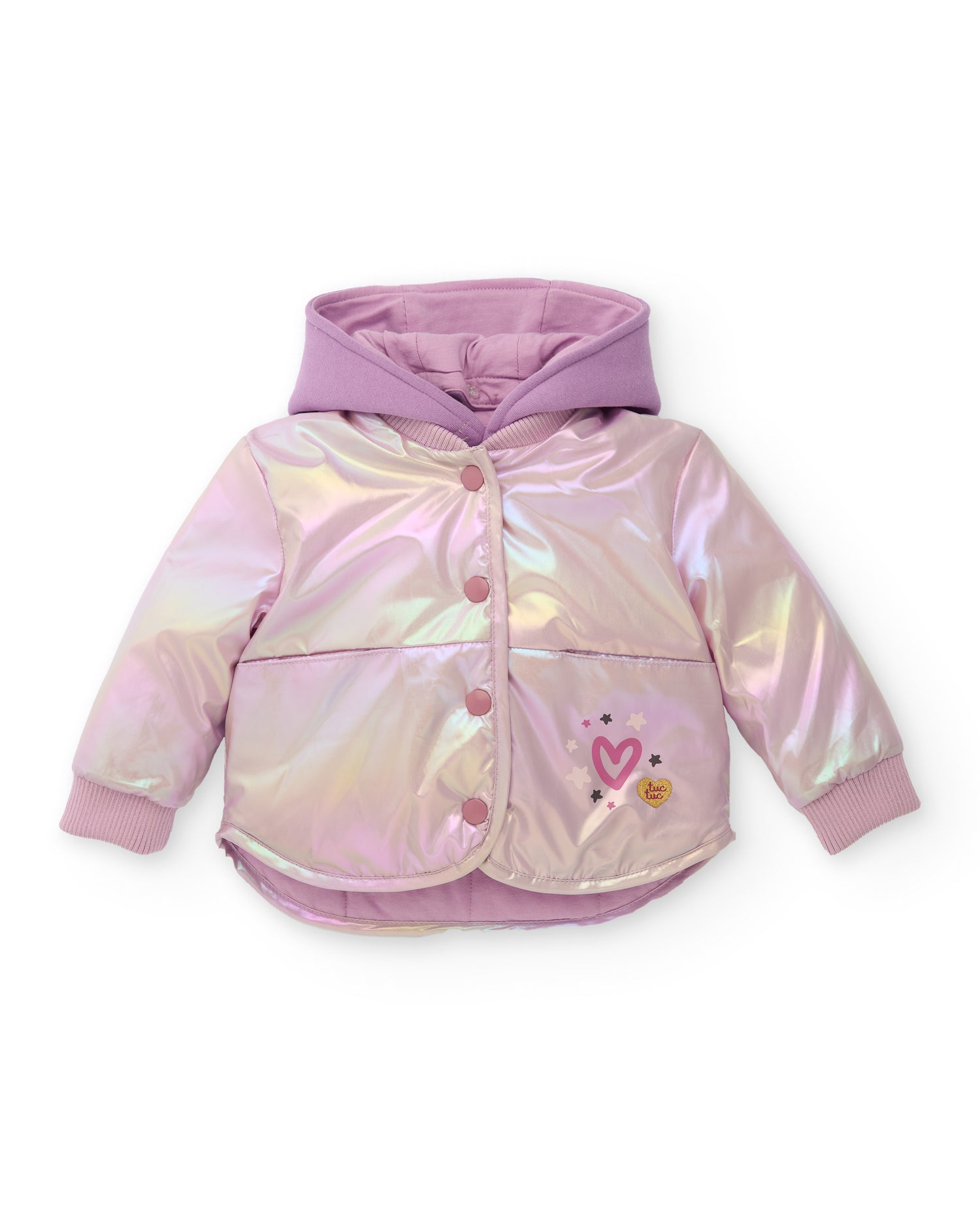 Lilac iridescent puffer coat with hood, snap button front and ribbed cuffs