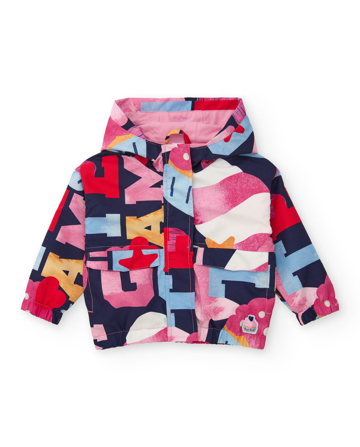 Navy geometric hooded jacket with full zip and pink-lined collar