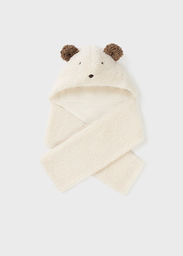 Mayoral Baby shearling bear hat-scarf set in off-white with brown bear ears