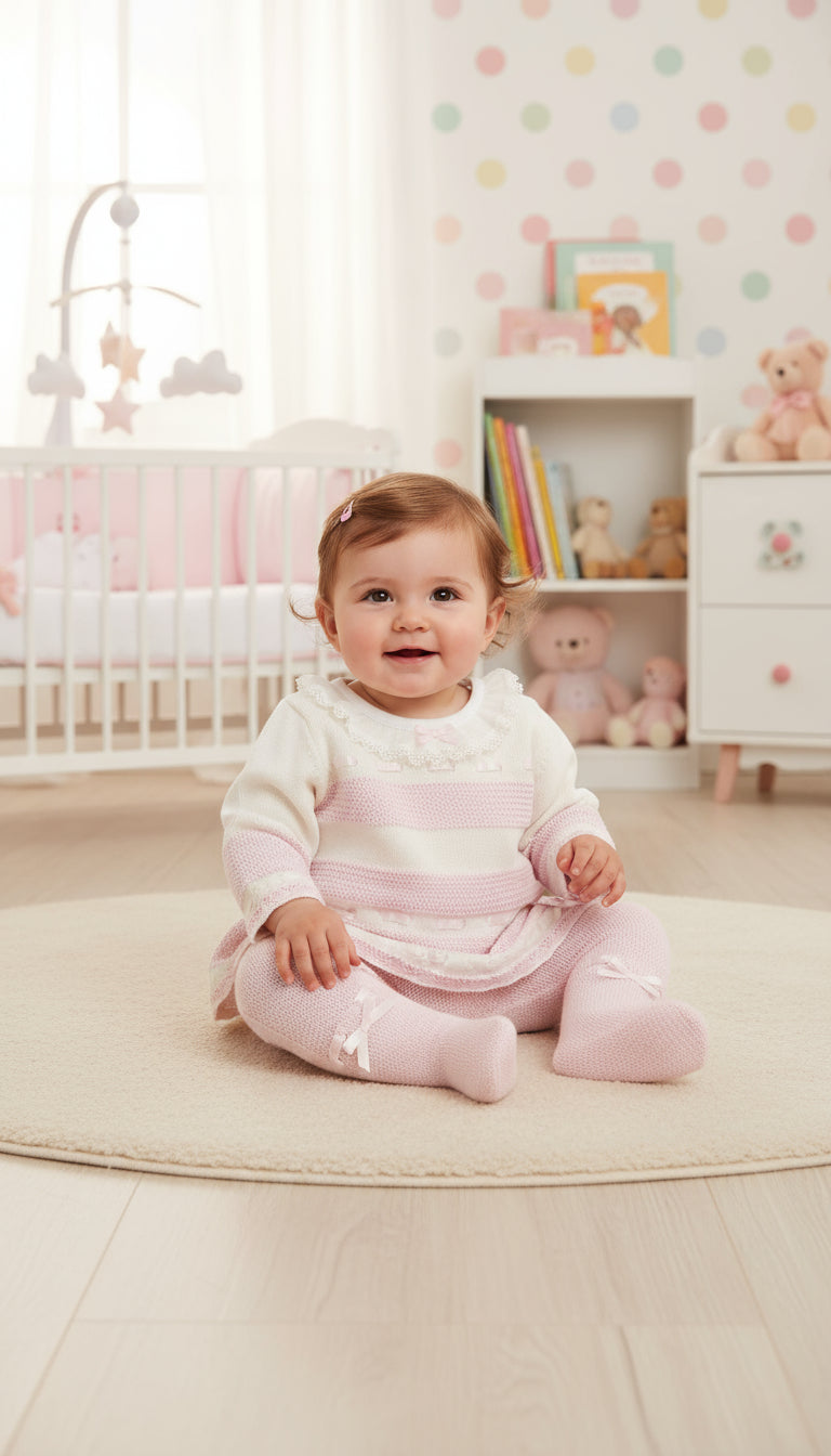 Blues Baby Girls Gistel Pink/Ivory Knitted two Piece Set with Feet