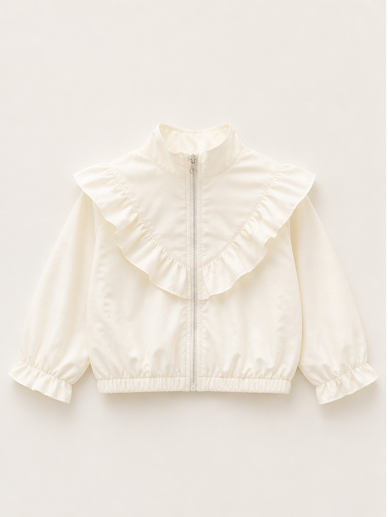 Cream girls zip jacket with frill collar and ruffled front