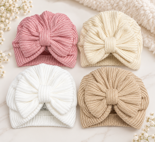 Baby Girls Knitted Bow Turban Hat – Baby & Toddler Ribbed Winter Hat - choice of colours