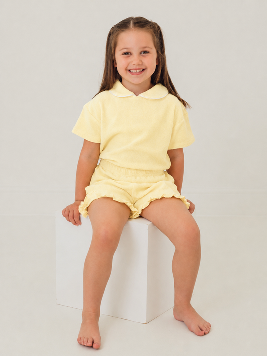 Lemon towelling short set with frilled hem and collar, yellow top and shorts