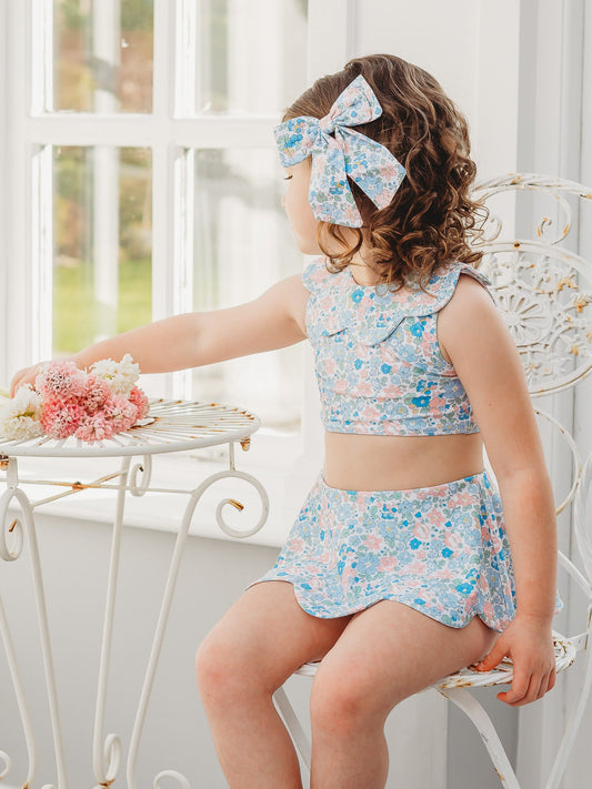 Blue floral petal-collar bikini set with ruffled bow tie at back