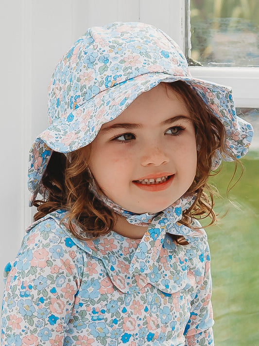 Floral light blue petal sunhat with wide brim and neck tie