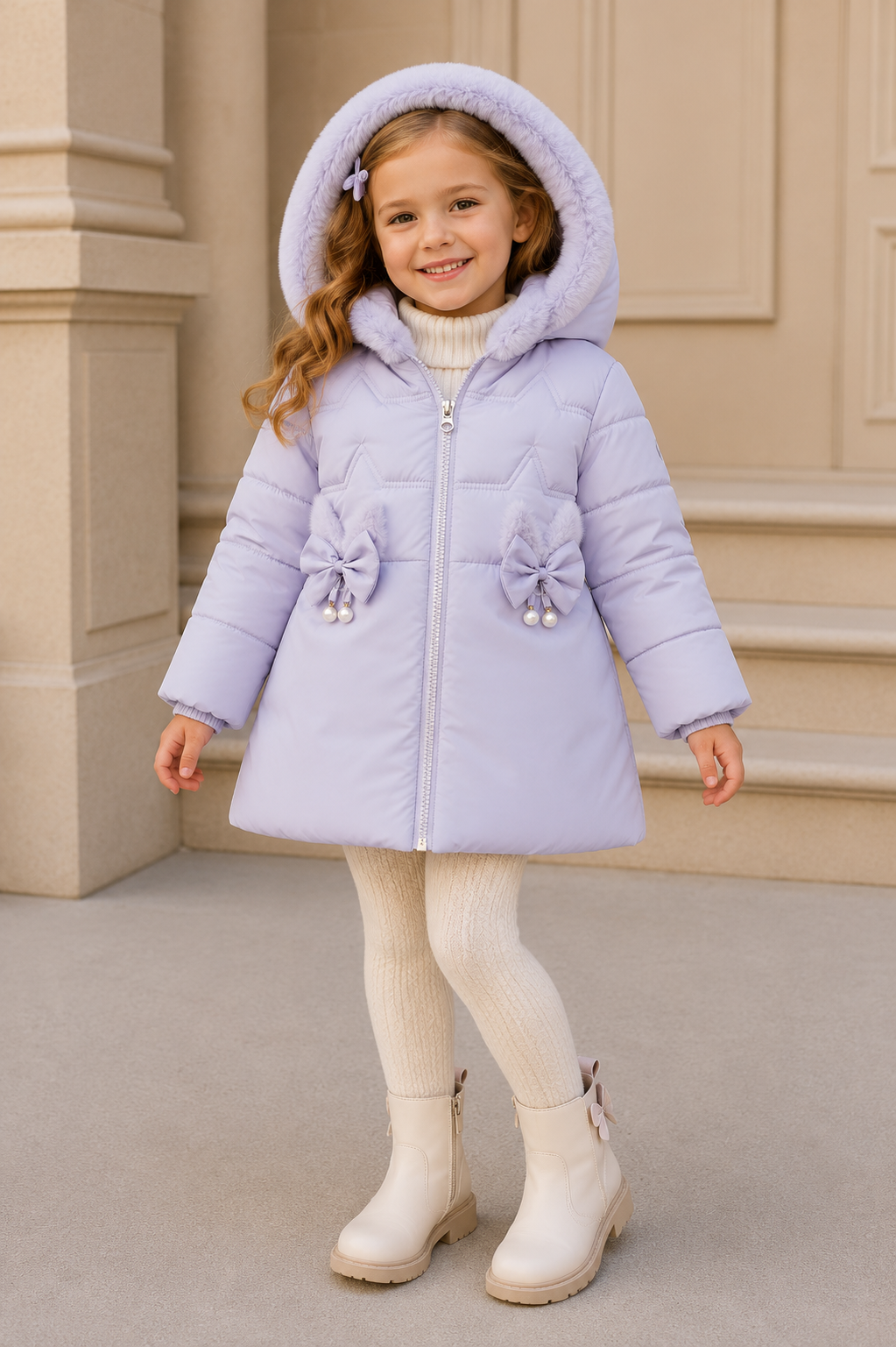 Girls Faux Fur Hooded Lilac Winter Puffer Coat | Warm Padded Jacket | Ages 2–6 *Online Product