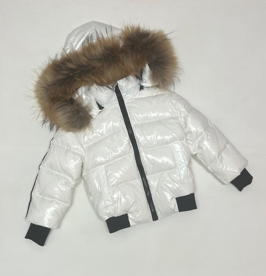 Winter Coat White bomber style fur hood