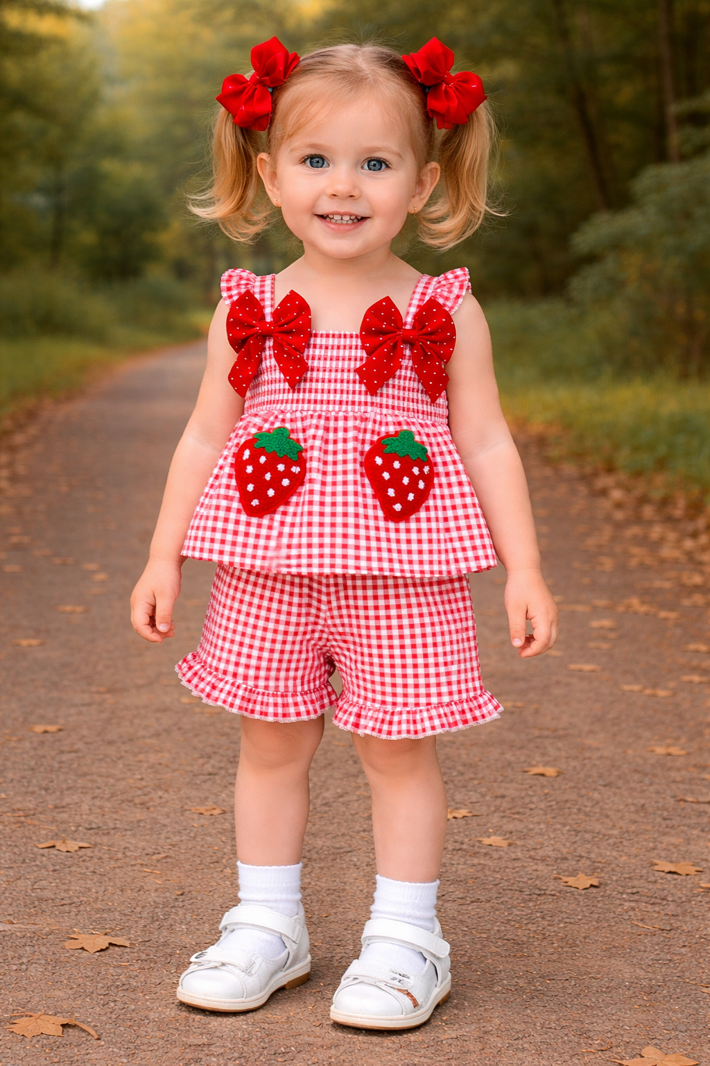 Shop this adorable girls red gingham strawberry top and shorts set with bow details. Lightweight, comfortable and perfect for summer days.