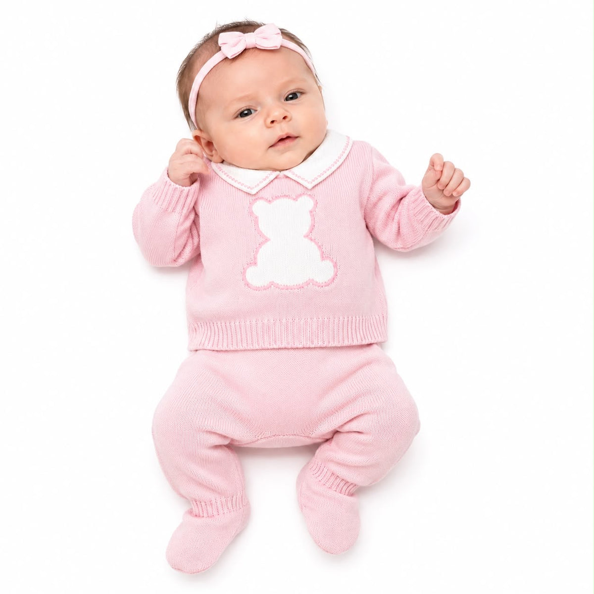 Kids pink teddy knit sweater and pants set with bear applique