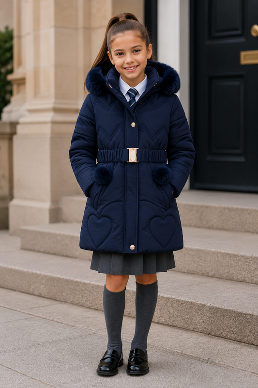 Girls navy hooded puffer coat with faux-fur trim, belt waist, front zip closure