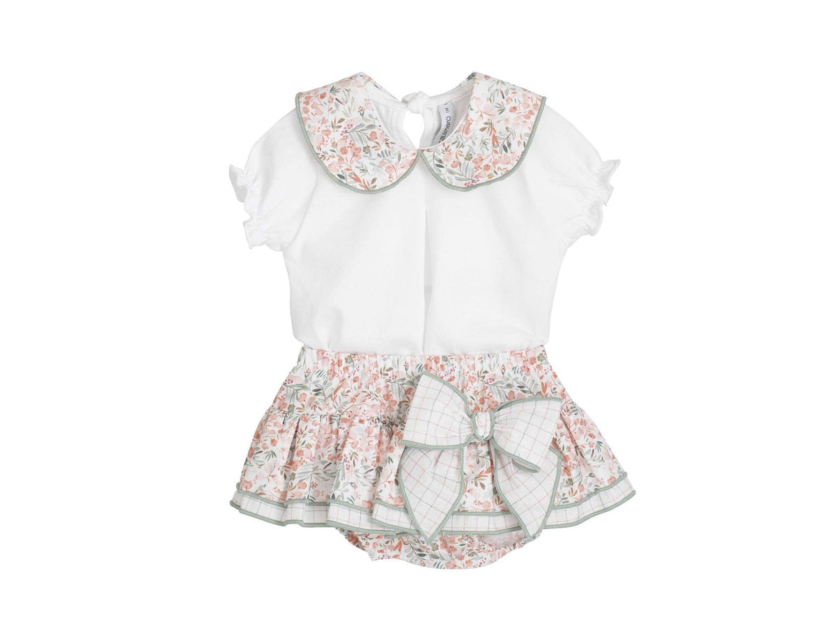 Calamaro baby girls romper set: white short-sleeve top, floral collar, ruffle skirt with bow