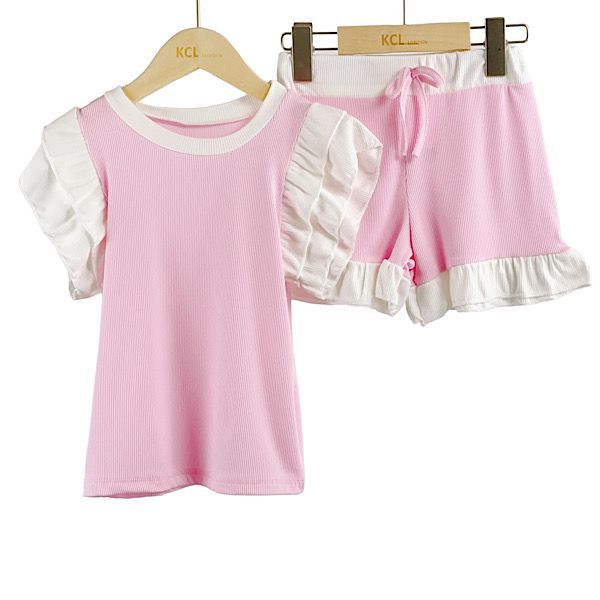 Girls Pink/Ivory Ruffle Shorts Set