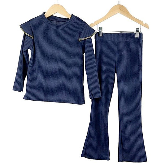 Girls Navy Rib Shoulder Ruffle Co-ord Set