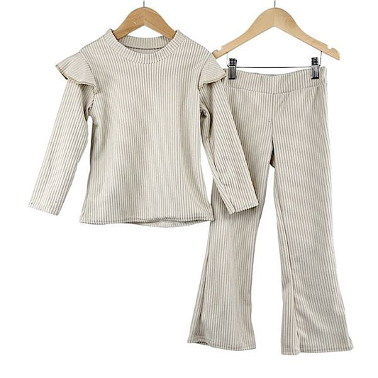 Girls Beige Rib Shoulder Ruffle Co-ord Set