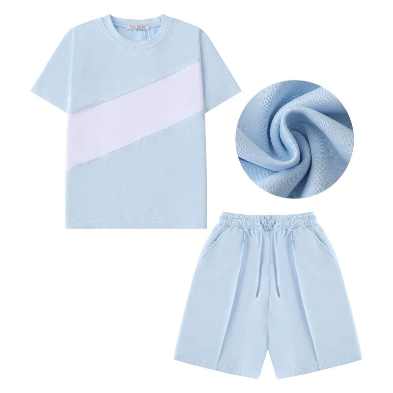 Color-block T-shirt and shorts set: jersey knit, elastic waist drawstring