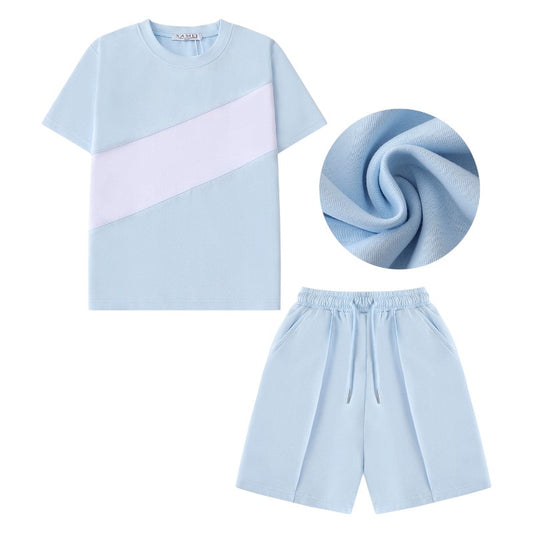 Color-block T-shirt and shorts set: jersey knit, elastic waist drawstring