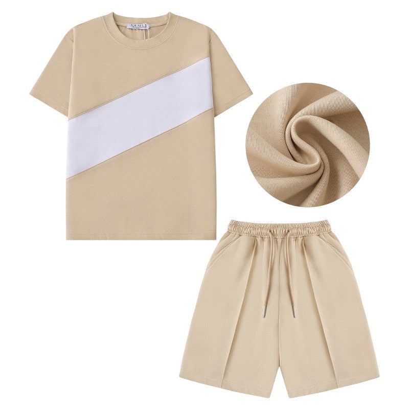 Beige colour-block T-shirt & drawstring shorts set