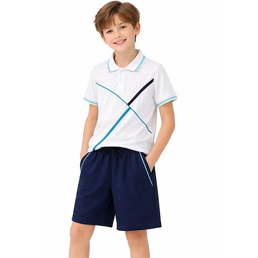 White polo shirt with light blue trim and navy shorts set for boys