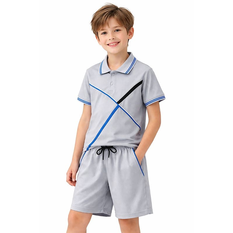 Boys grey-blue polo and shorts set with blue striped collar and diagonal trim