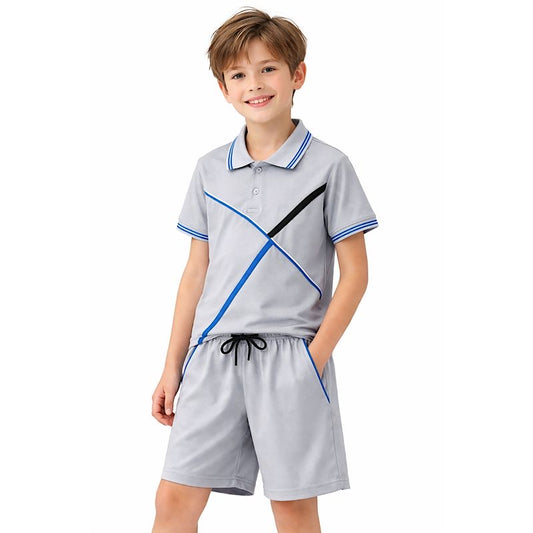 Boys grey-blue polo and shorts set with blue striped collar and diagonal trim