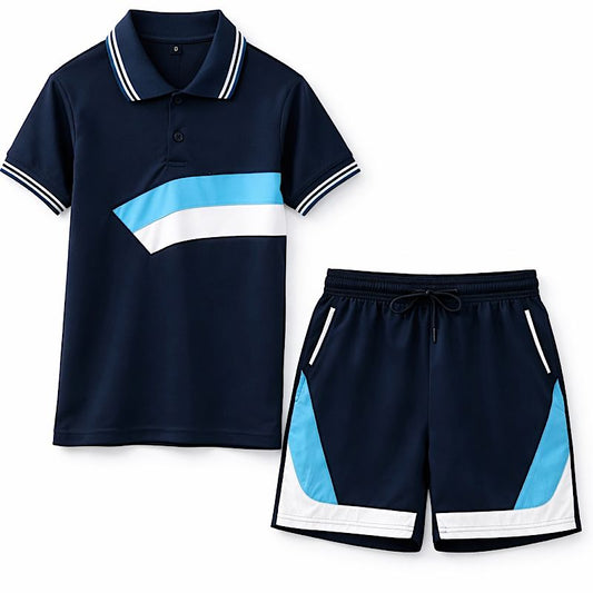 Navy boys polo top and dark shorts outfit, polo with white-and-blue stripes, elastic waist