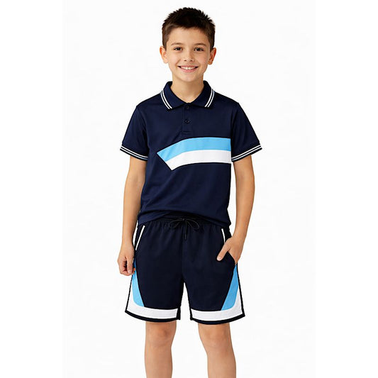 Boys navy polo with light-blue chest stripe and dark shorts with drawstring waist