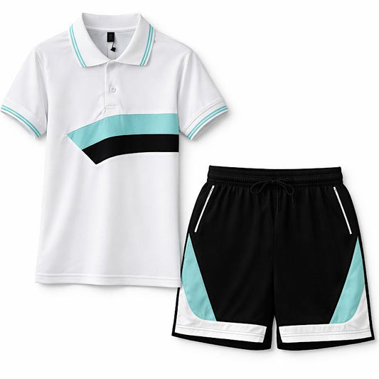 White boys polo with turquoise collar and black chest stripe; black athletic shorts