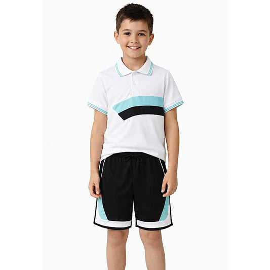 Boys set worn: white polo with turquoise trim and black shorts with white hem