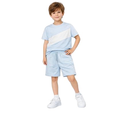 Baby blue boys color-block T-shirt and shorts set, drawstring waist