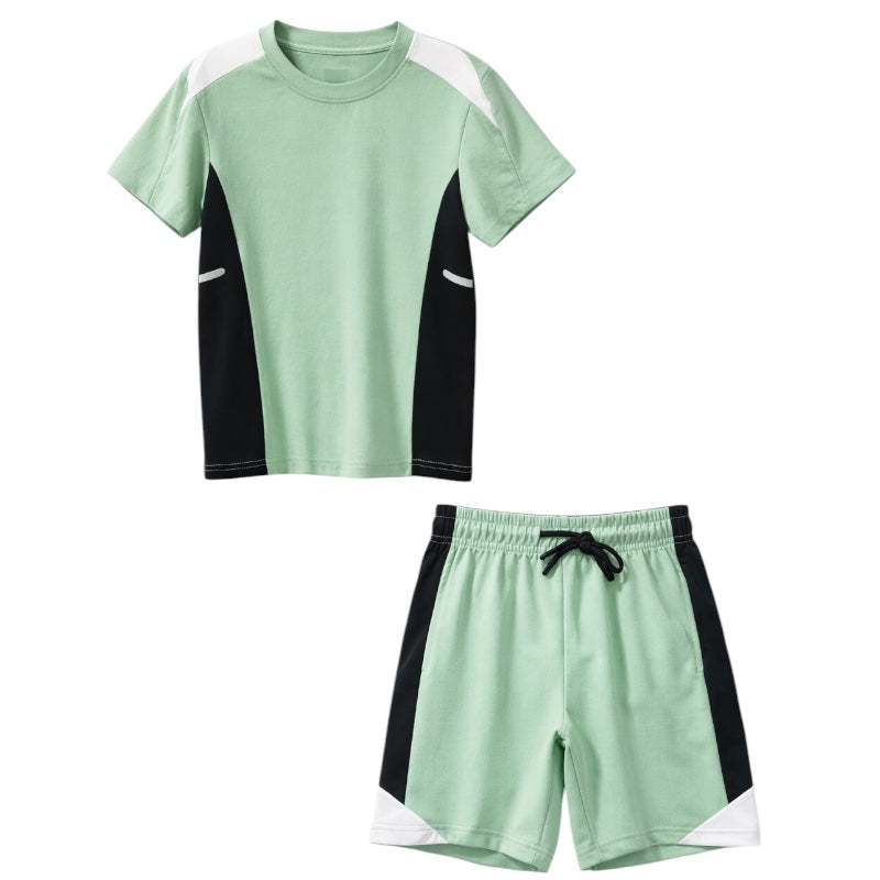 Mint green T-shirt and shorts set, black side panels, elastic waist with drawstring