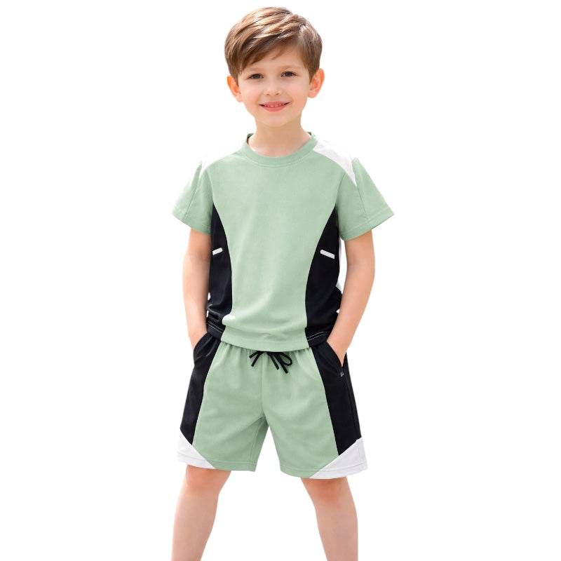 Boys mint green T-shirt and shorts set with black side panels and drawstring waist